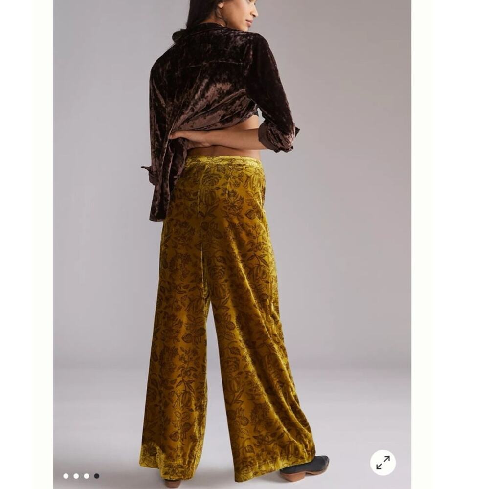 NWT Vintage Anthropologie Green Gold Floral Velvet Wide-Leg Trouser Pants Size 6 - Picture 3 of 11